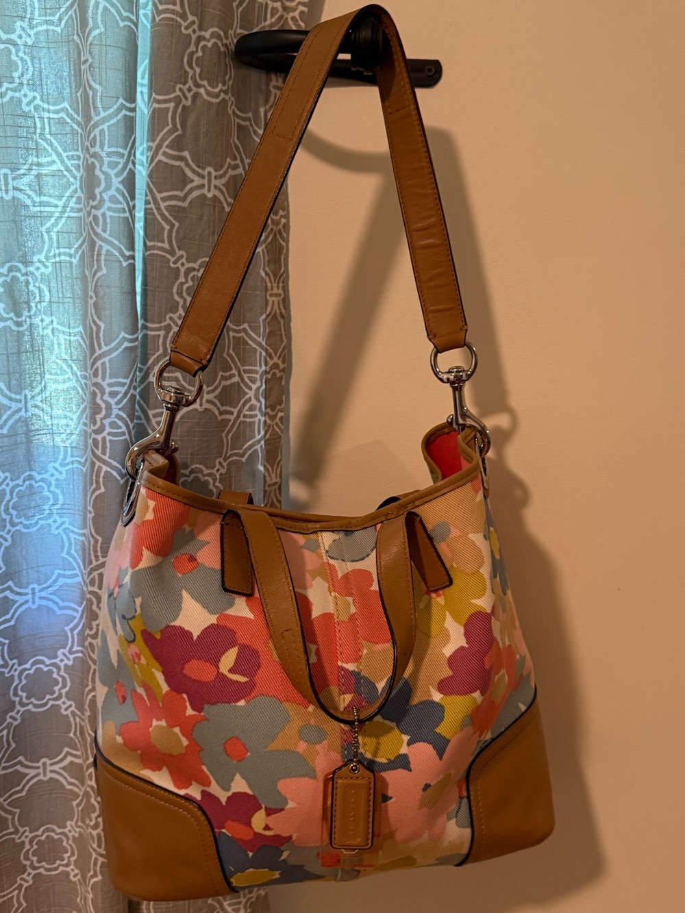 Coach Floral Canvas Shoulder Bag with Tan Leather Trim